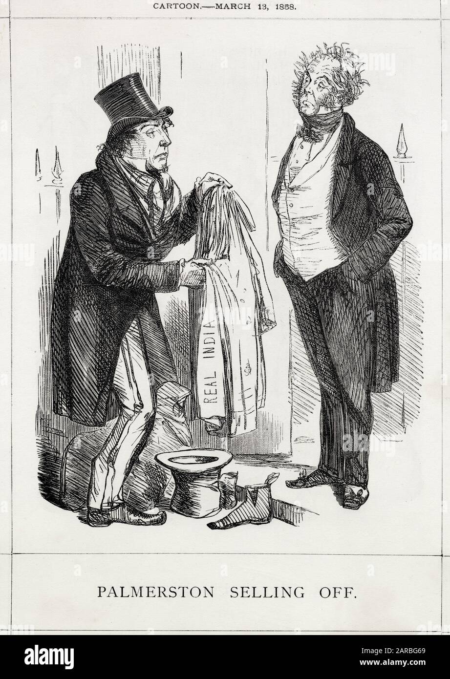 Cartoon, Palmerston Selling Off – ein satirischer Kommentar zur Niederlage von Palmerstons Whig-Regierung am 19. Februar 1858, als die Konservativen an die Macht kamen, hier vertreten durch Benjamin Disraeli (links). Palmerstons India Bill wird als Reaktion auf die indische Rebellion (Mutiny) des Vorjahres genannt. Stockfoto