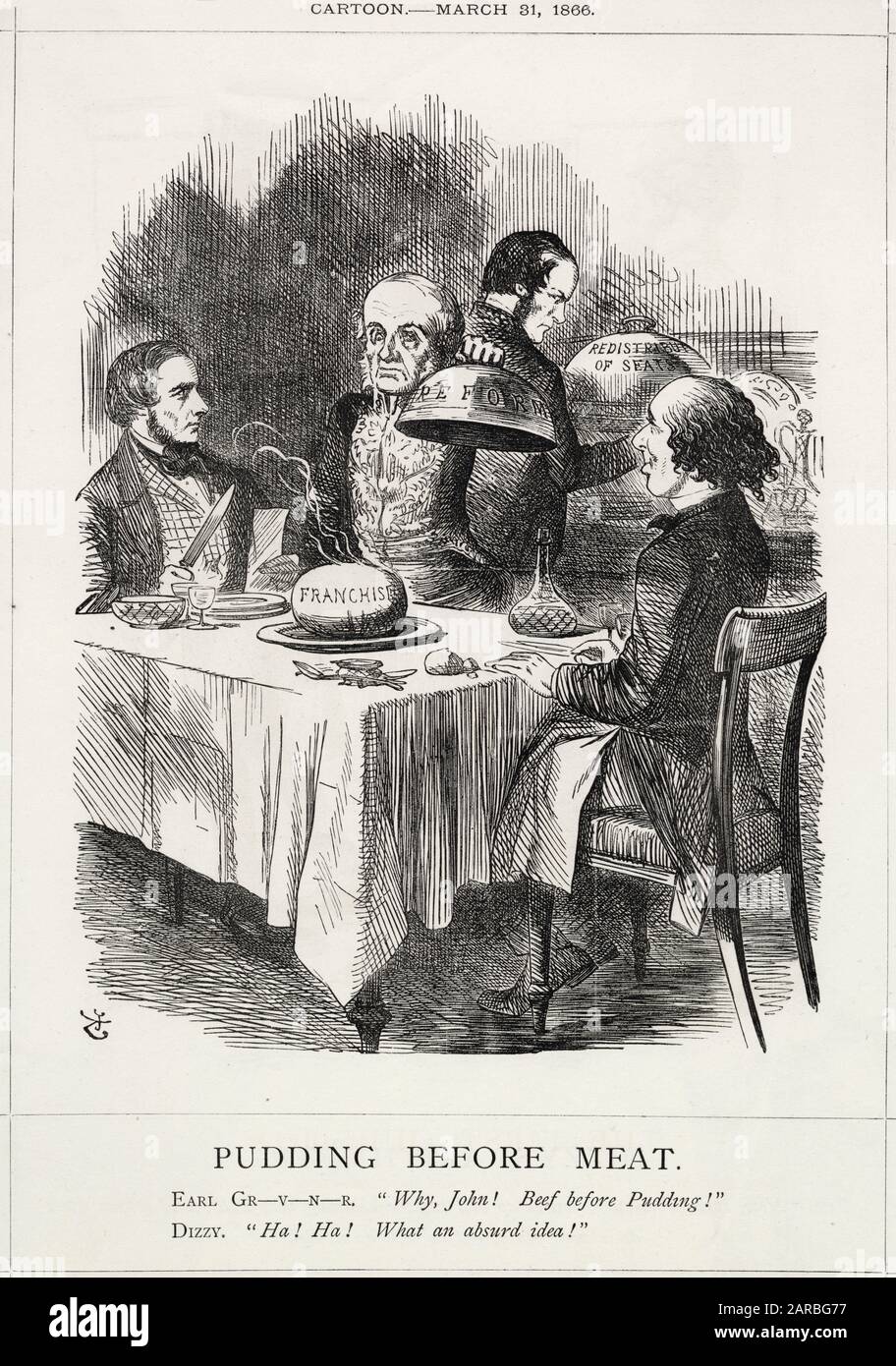 Cartoon, Pudding vor Fleisch -- Earl Grosvenor, liberaler Abgeordneter für Chester, Kommentar zu Lord John Russell, liberaler Premierminister, der Pudding (Franchisereform) vor Fleisch serviert (Sitzumverteilung, im Hintergrund von Gladstone). Der einzige konservative Abgeordnete im Raum, Benjamin Disraeli, findet das amüsant. Stockfoto