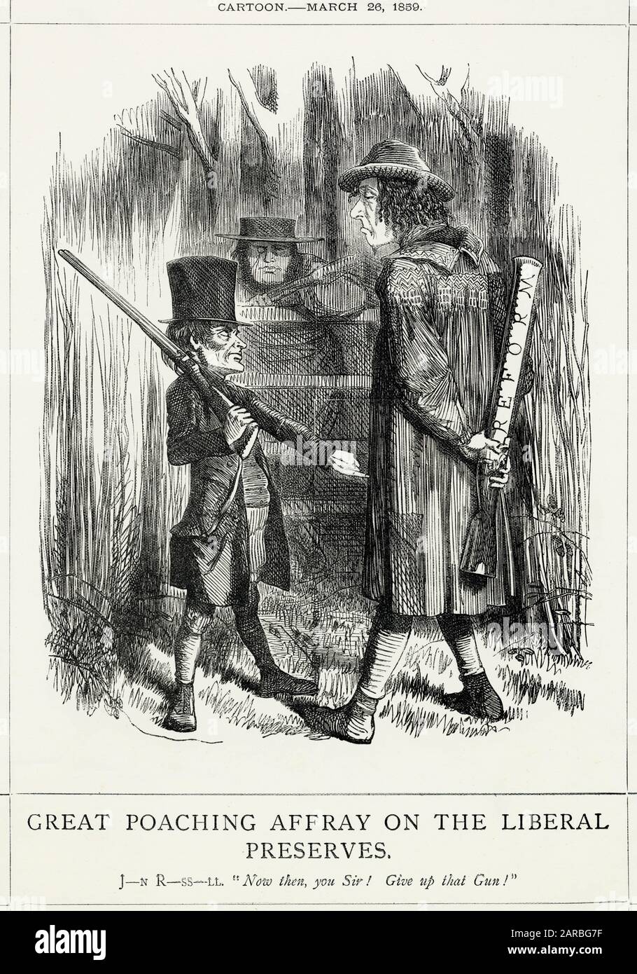 Cartoon, große Wilderei-Affray auf die liberalen Konserven -- also dann, Sie, Sir! Gib die Waffe her! Lord John Russell und John Bright sind liberale Abgeordnete und sind der Ansicht, dass ihre Partei mehr Recht hat, Reformen zu fördern als Benjamin Disraeli von der Konservativen Partei. (Tatsächlich gelang es Disraeli, acht Jahre später, im Jahr 1867, das zweite Reformgesetz zu verabschieden und das Franchise auf viele weitere Wähler auszudehnen.) Stockfoto