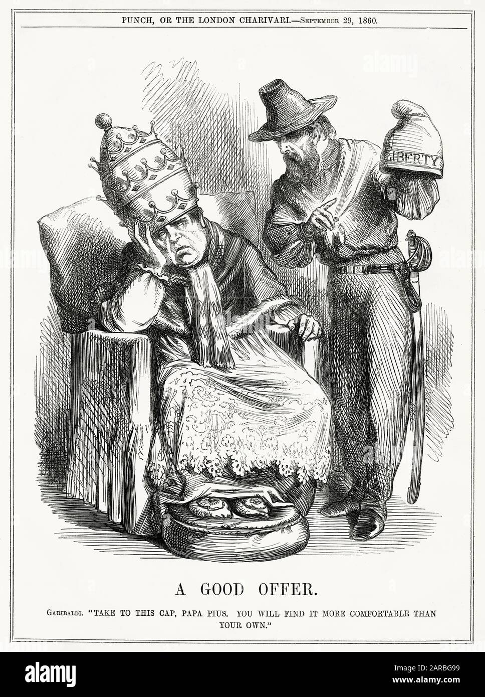Cartoon, Ein gutes Angebot -- 'auf diese Kappe, Papa Pius. Sie werden es komfortabler finden als Ihre eigene.“ Giuseppe GaribaIdi bietet Papst Pius IX. Eine Freiheitsmütze als Ersatz für seine dreifache Krone, aber dem Papst scheint die Idee nicht zu gefallen. Die Vereinigung Italiens wird als mögliche Bedrohung der Macht der römisch-katholischen Kirche angesehen, die moderne Vorstellungen von Freiheit und Demokratie einbringt. Stockfoto