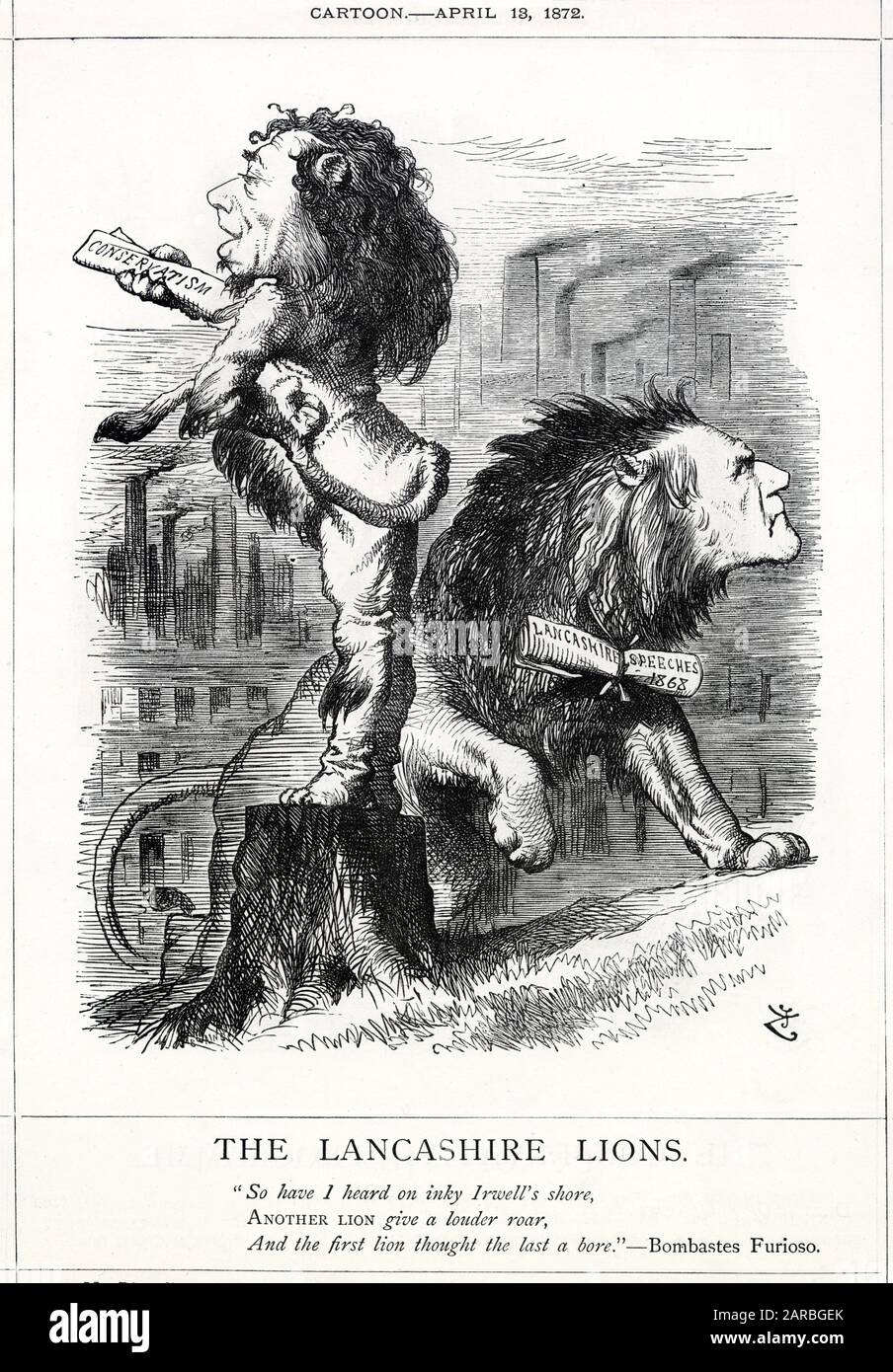 Cartoon, die Lancashire Lions -- einer von vielen Cartoons, die sich auf die politische Rivalität zwischen Benjamin Disraeli und William Gladstone konzentrieren. Disraeli hatte vor kurzem in Manchester eine Rede gehalten, in der die derzeitige liberale Regierung kritisiert und ihre Minister als "eine Reihe erschöpfter Vulkane" bezeichnet wurden. Gladstone selbst hatte in Lancashire Reden gehalten, da er bis 1868 Abgeordneter von South Lancashire war, als der Wahlkreis abgeschafft wurde, und er dann Greenwich repräsentierte. Stockfoto Cartoon, die Lancashire Lions -- einer von vielen Cartoons, die sich auf die politische Rivalität zwischen Benjamin Disraeli und William Gladstone konzentrieren. Disraeli hatte vor kurzem in Manchester eine Rede gehalten, in der die derzeitige liberale Regierung kritisiert und ihre Minister als "eine Reihe erschöpfter Vulkane" bezeichnet wurden. Gladstone selbst hatte in Lancashire Reden gehalten, da er bis 1868 Abgeordneter von South Lancashire war, als der Wahlkreis abgeschafft wurde, und er dann Greenwich repräsentierte. Stockfoto