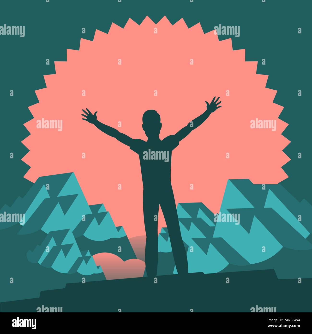 Touristische Silhouette. Ein Mann steht oben und hebt triumphierend die Hände hoch. Im Hintergrund sind verschneite Berge und rote Sonne. Vektor-Ebene Illustration Stock Vektor