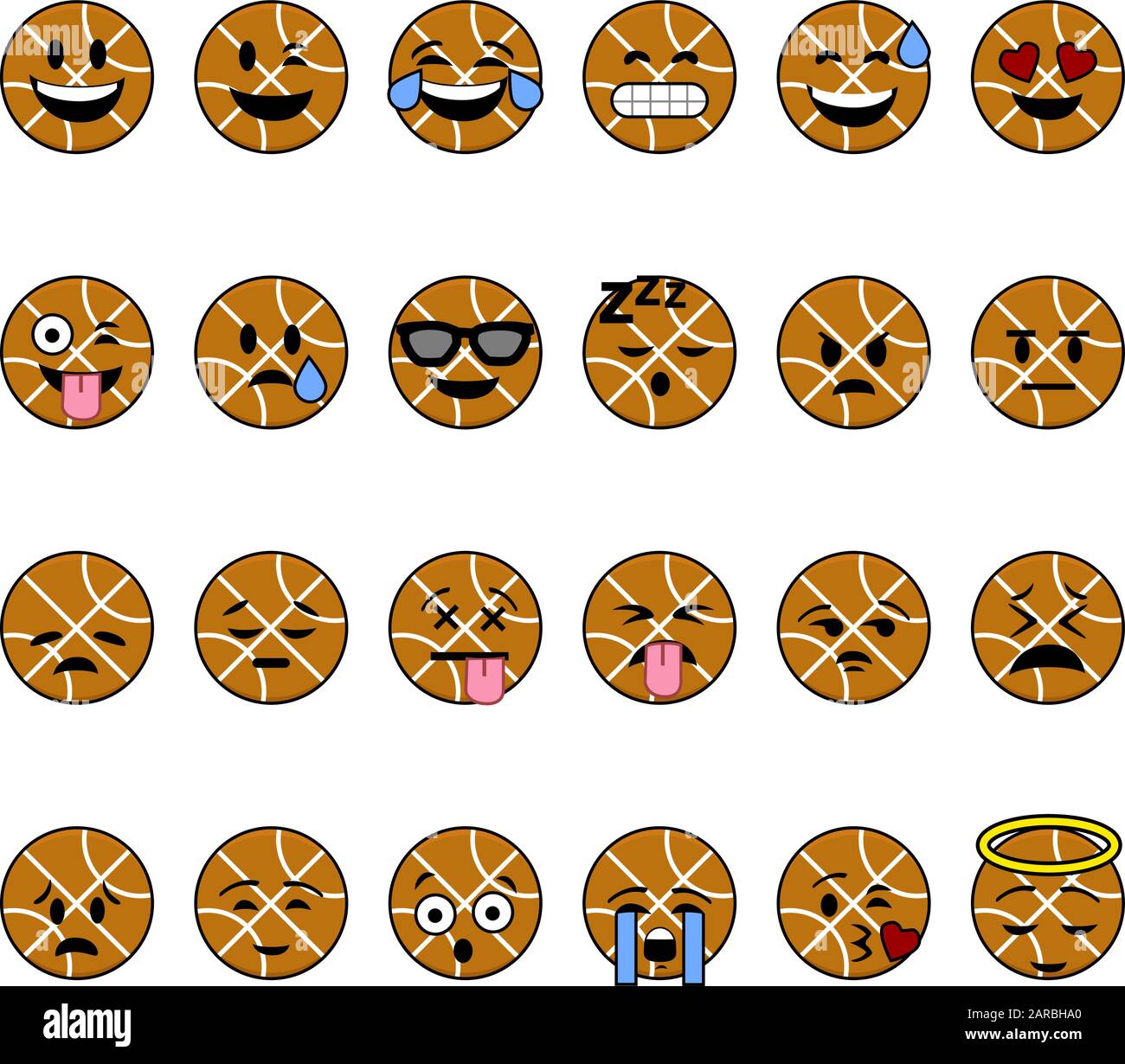 Sammlung von Cartoon-Basketbällen mit Gesichtern, die unterschiedliche Emotionen zeigen Stock Vektor