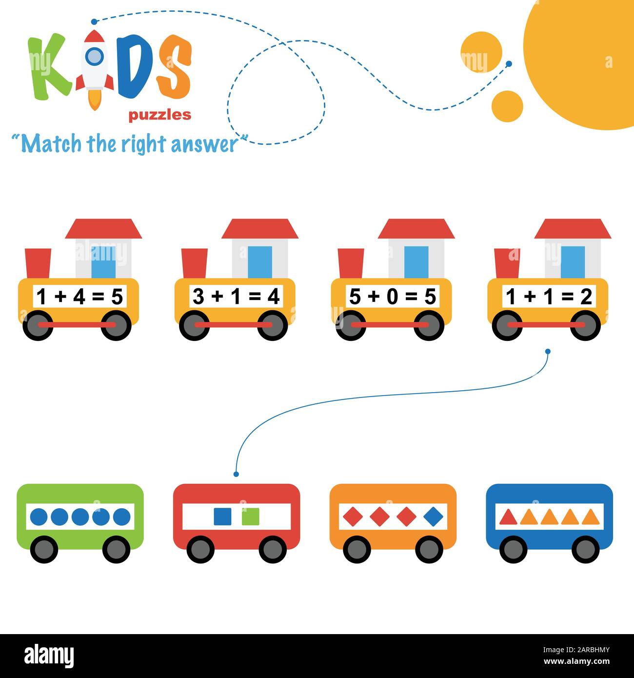 Einfaches, farbenfrohes Mathe-Match die richtige Antwort für Kinder aus der Vorschule und der Grundschule. Stock Vektor