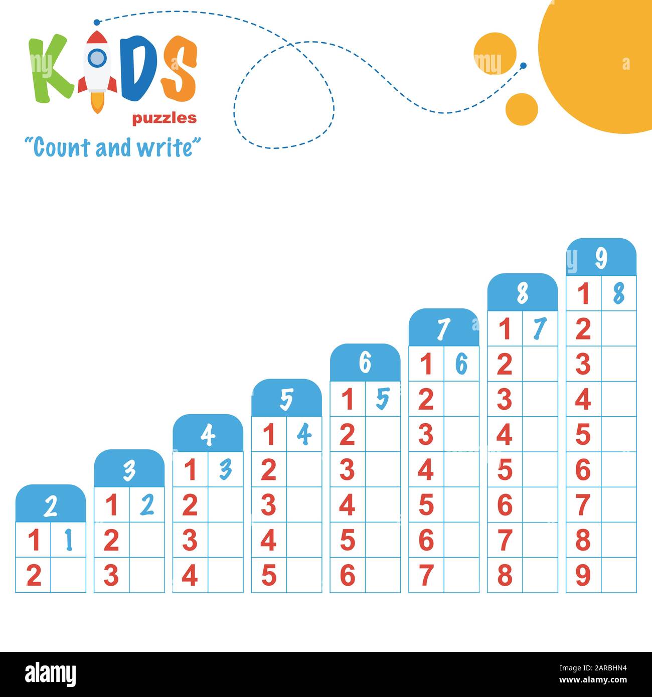 Einfache, bunte Mathe-Zählung und schreiben Sie Arbeitsblattübung für Kinder in der Vorschule und Grundschule. Stock Vektor