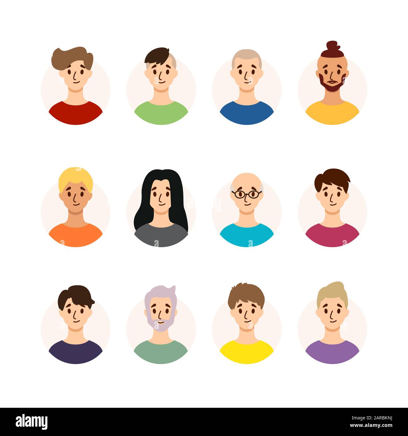 Männer mit verschiedenen Frisuren, Haarfarbe und Alter. Sammlung von männlichen Avataren. Vektorgrafiken isoliert auf weißem Hintergrund. Flacher Stil. Stock Vektor