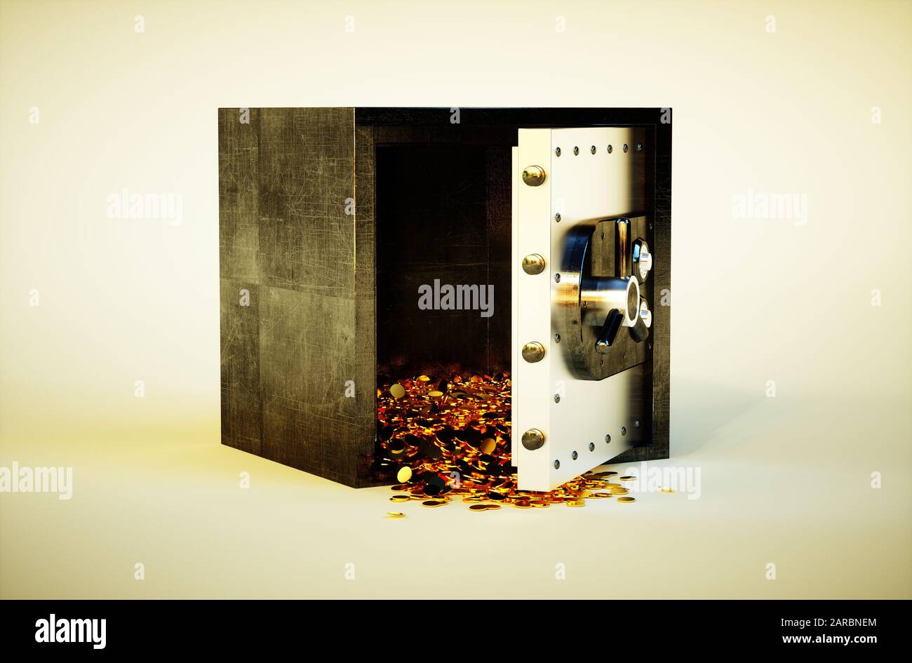 3D-Foto realistisches lebendiges Bild des Safebox mit goldenen Münzen Stockfoto