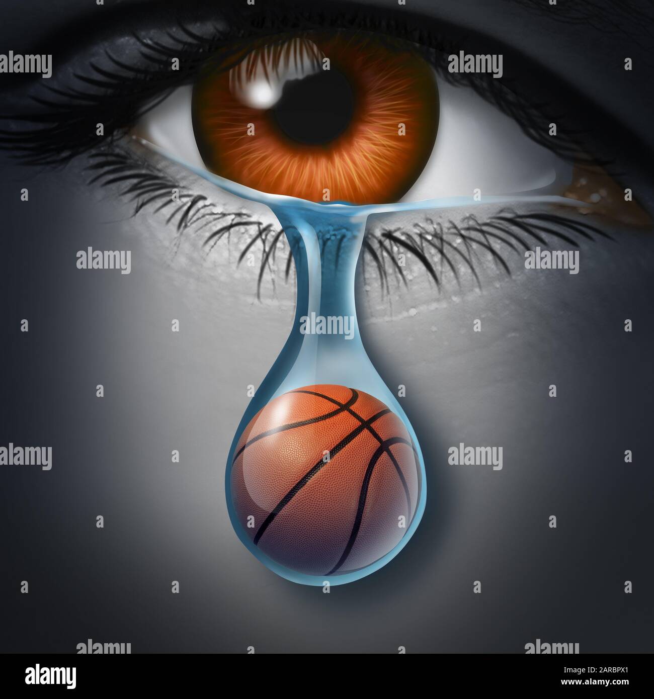 Sportdepression und tragisches Sportereignis und Trauerpsychologie Symbol als Basketball innerhalb eines weinenden Tränenabfalls als depressiver Fan aus traurigem Auge. Stockfoto