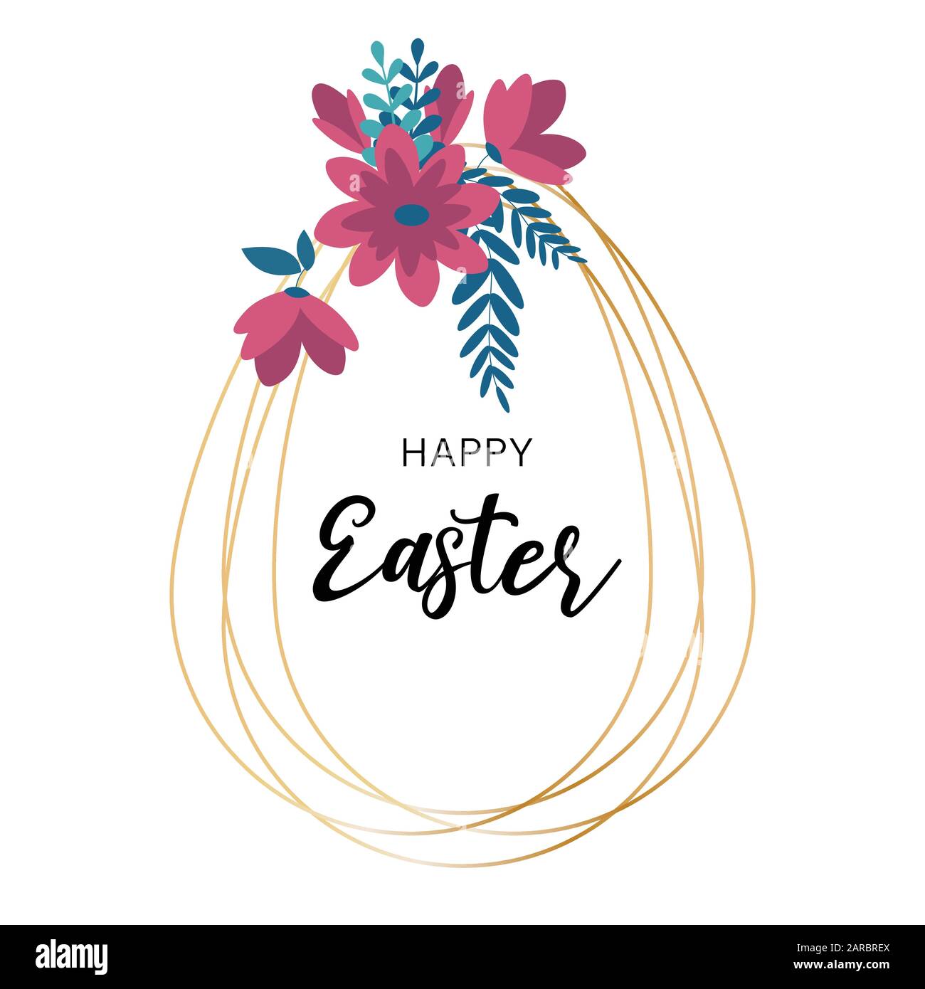 Frohe Ostern goldene Rahmen Grußkarte mit Eierform und Blumen Stock Vektor