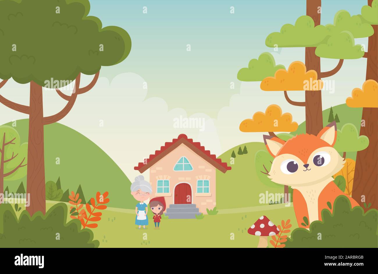 Kleine rote Reithaube Oma neben Haus und Wolf in der Waldmärchen-Zeichentrick-Vektor-Illustration Stock Vektor