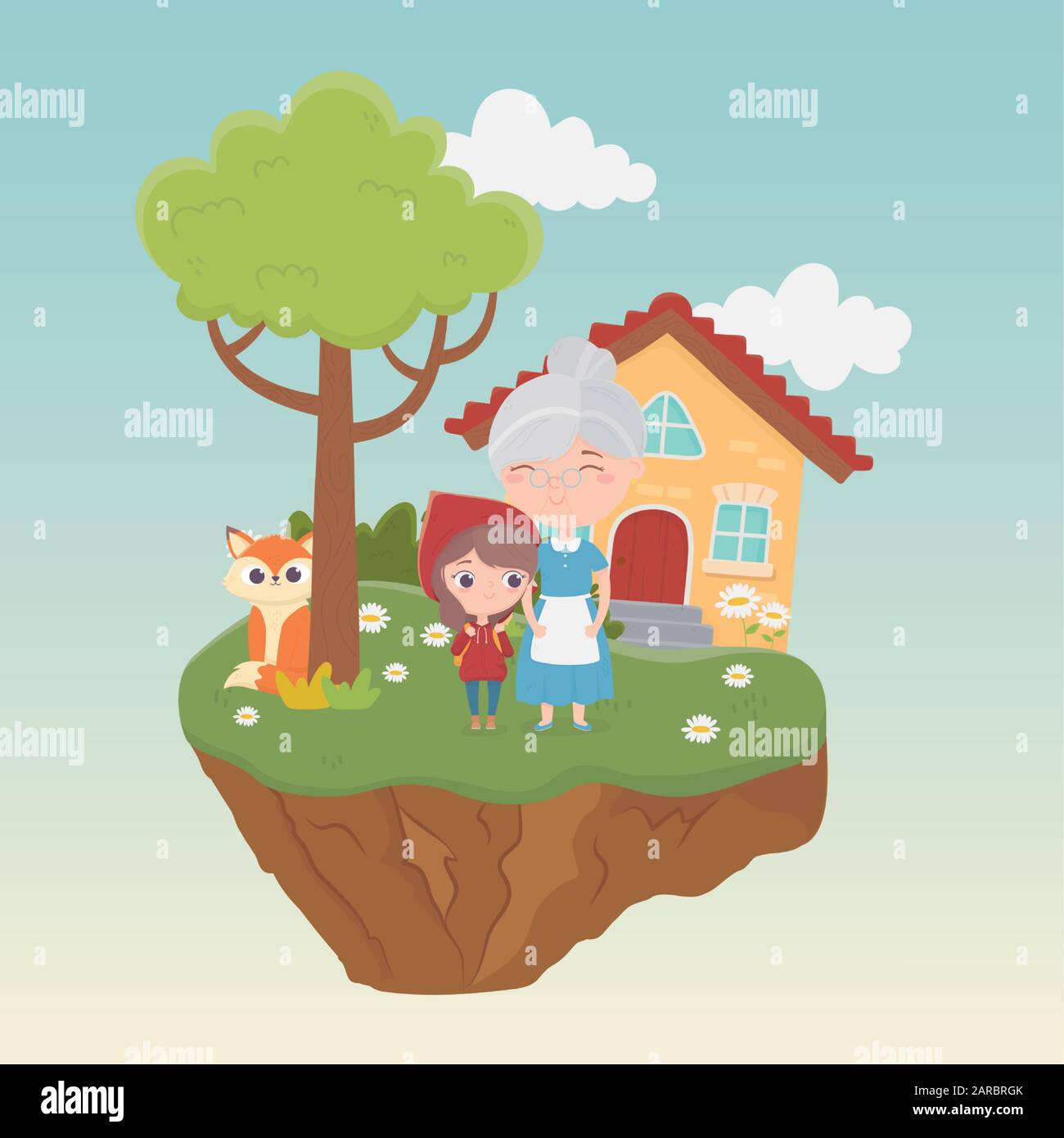Kleine rote Reithaube gruselige Wolfshausblumen Gras märchenhafte Zeichentrick-Vektor-Illustration Stock Vektor