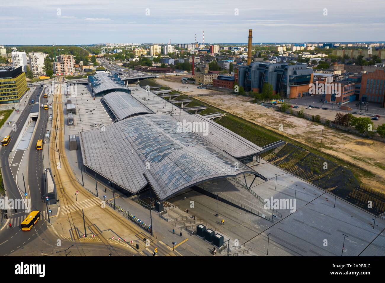 Luftbild am Bahnhof Lodz. Stockfoto