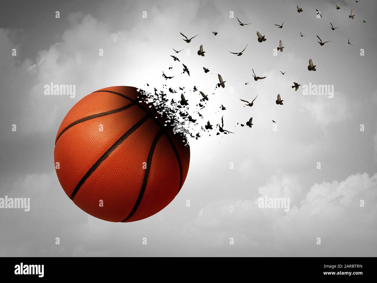 Sport Loss Konzept und Depression und tragisches Sportevent und Trauer Psychologiesymbol als Basketball, der sich als depressiver Fan zu Vögeln verwandelt. Stockfoto