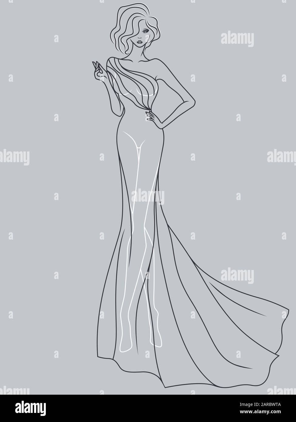 Abstrakter Umriss der charmanten und eleganten Dame in einem raffinierten Abendkleiderdesign, isoliert auf dem gedämpften blaugrauen Hintergrund Stock Vektor