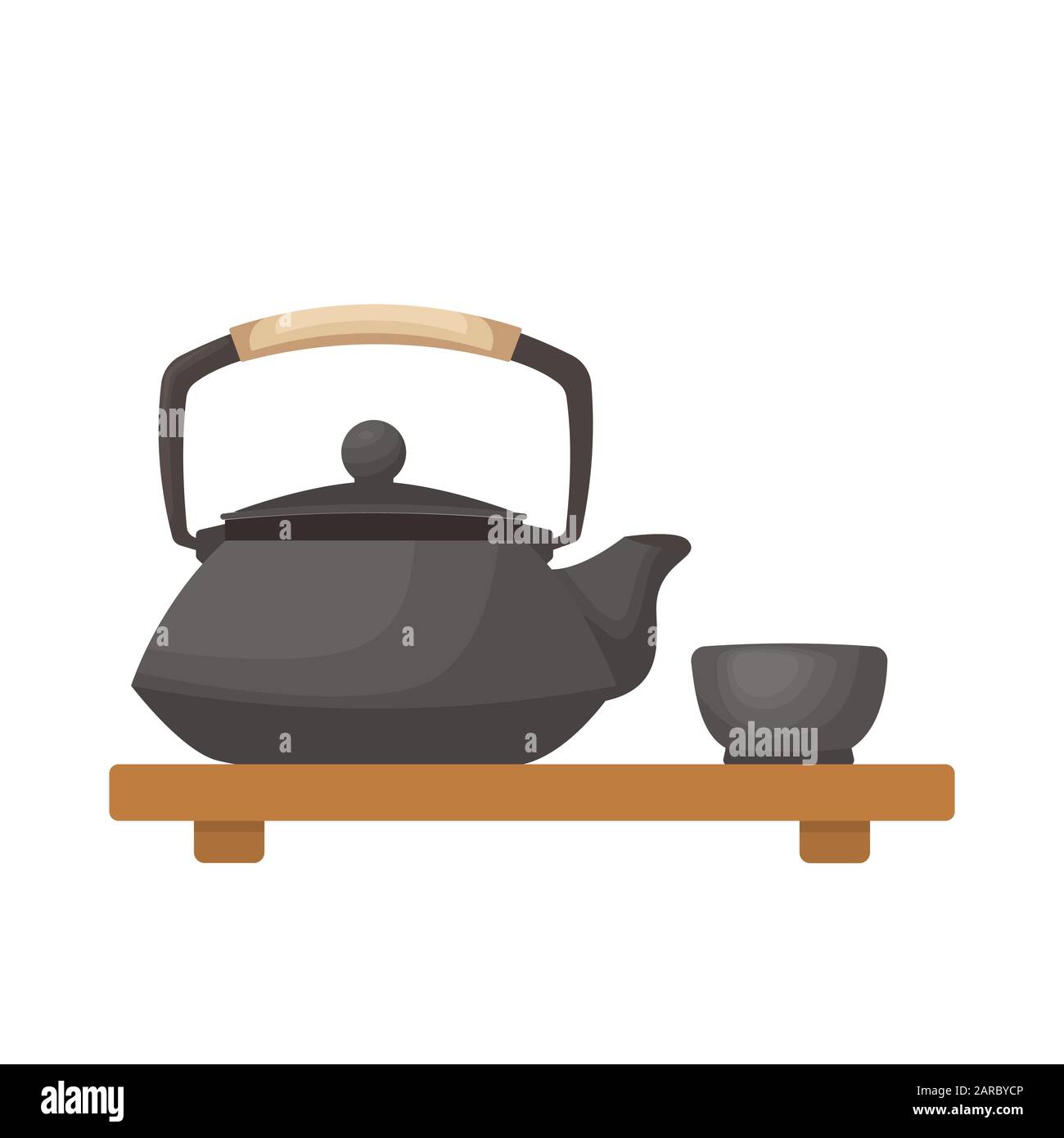 Japanische Teezeremonie. Teekanne und ein Becher auf dem Bambusträger Stock Vektor