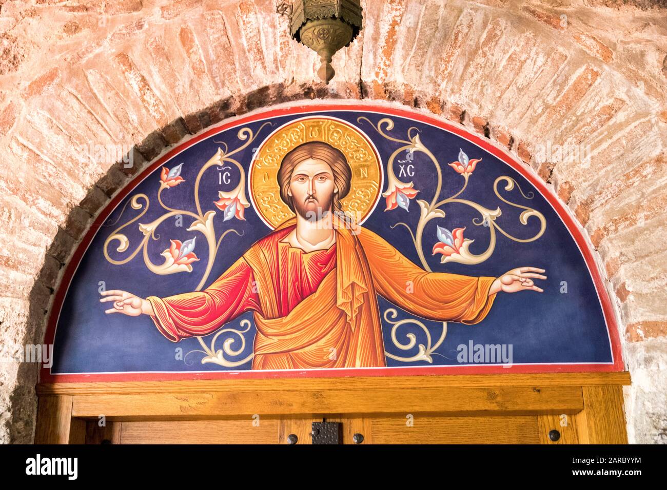 Kalabaka, Griechenland. Gemälde von Jesus Christus im Inneren des Großen Meteorons (Megalo Meteoro), einem byzantinischen Kloster von Meteora Stockfoto