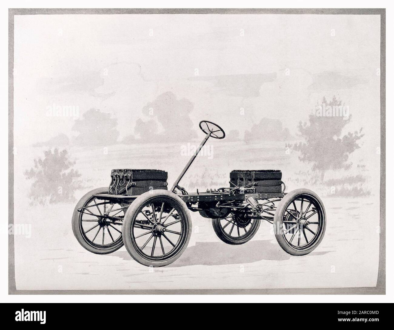 Oldtimer, Early Electric Vehicle (EV) mit Batterien und Batteriespeicher auf dem Chassis, Babcock Electrics, Abbildung 1909 Stockfoto