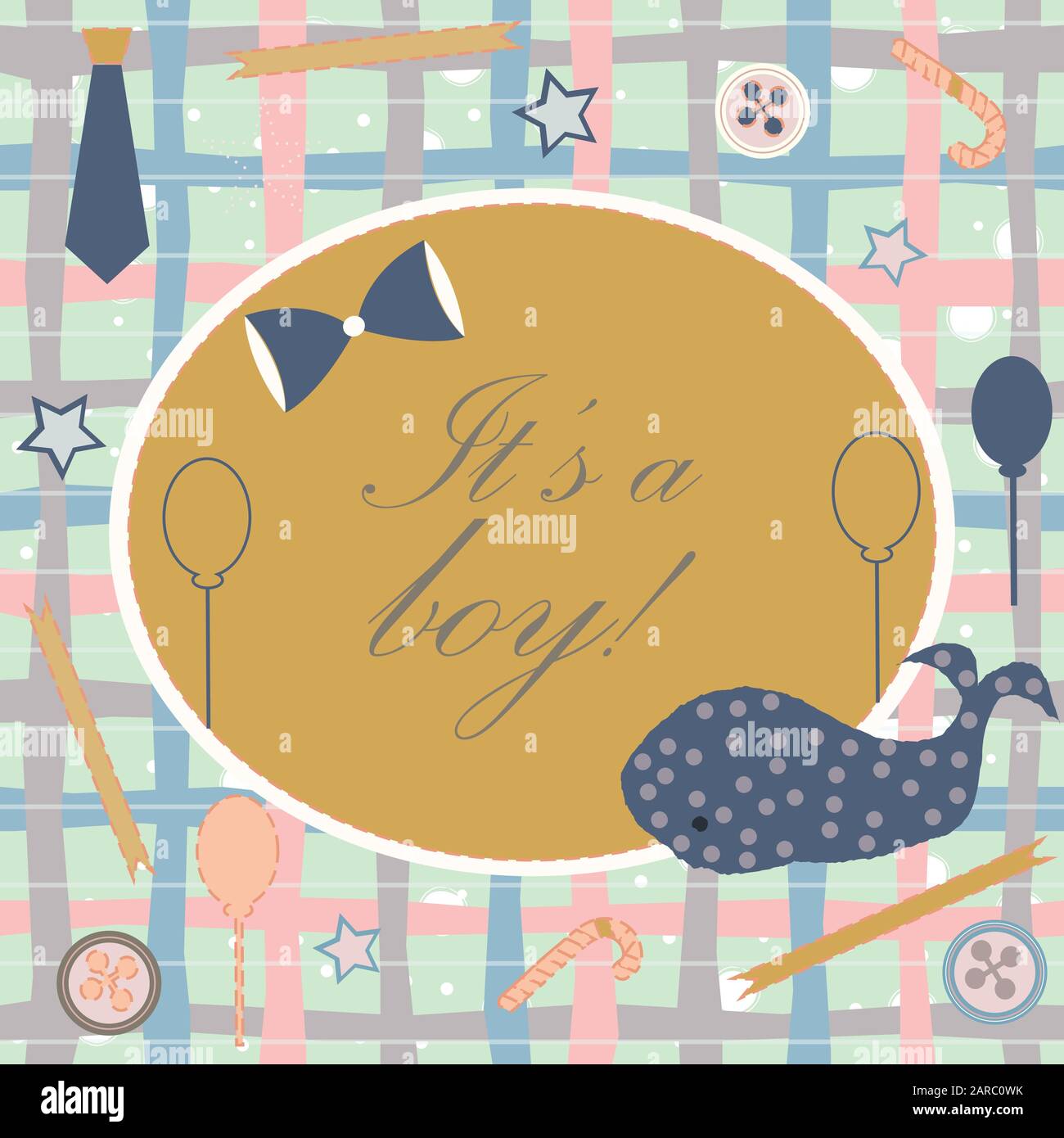 Baby Geburt Ansage. Baby-dusche-Einladung Karte. Cute Wal kündigt die Ankunft des Jungen. Card Design auf Teal Hintergrund mit Bändern, Riegel, b Stock Vektor