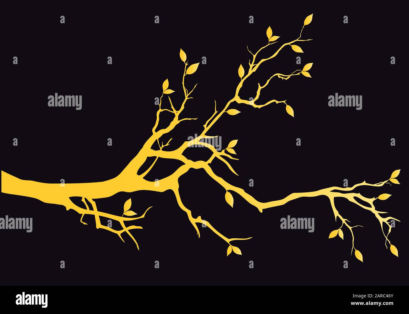 Goldener Baumzweig mit Blättern, Vektordarstellung über schwarzem Hintergrund Stock Vektor