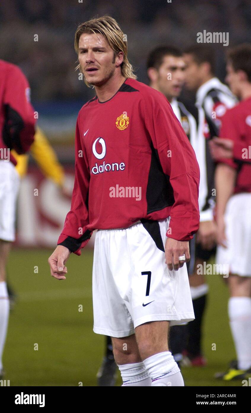 Turin Italien, 12. März 2003, 'Delle Alpi' Stadium, UEFA Champions League 2002/2003, FC Juventus- FC Manchester United: David Beckham während des Spiels Stockfoto