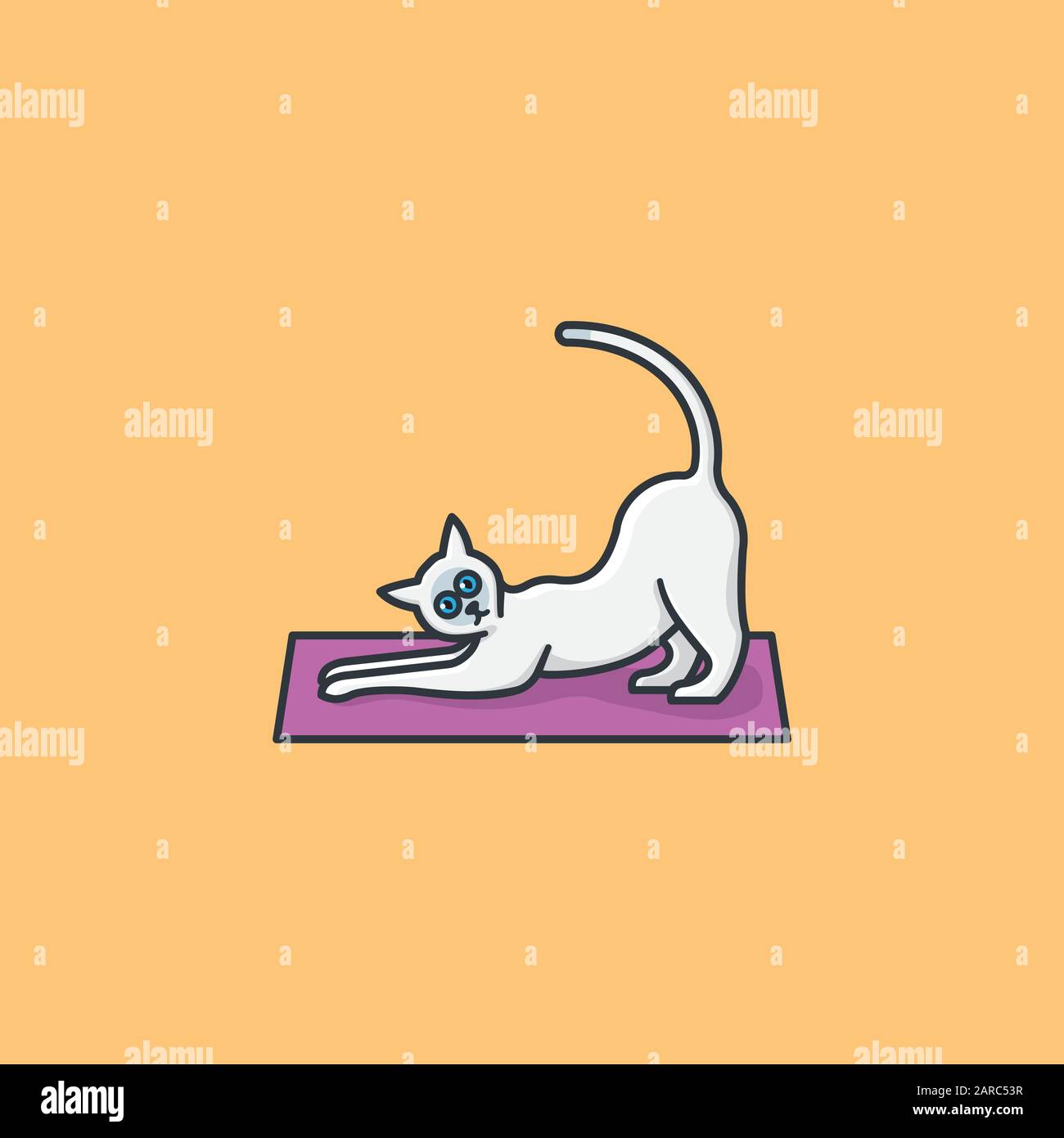 Stretching siamkatze auf Yogamatten-Vektorgrafiken für #YogaDay am 22. Februar. Symbol für häusliche Tier- und asiatische Trainingsfarbe Stock Vektor