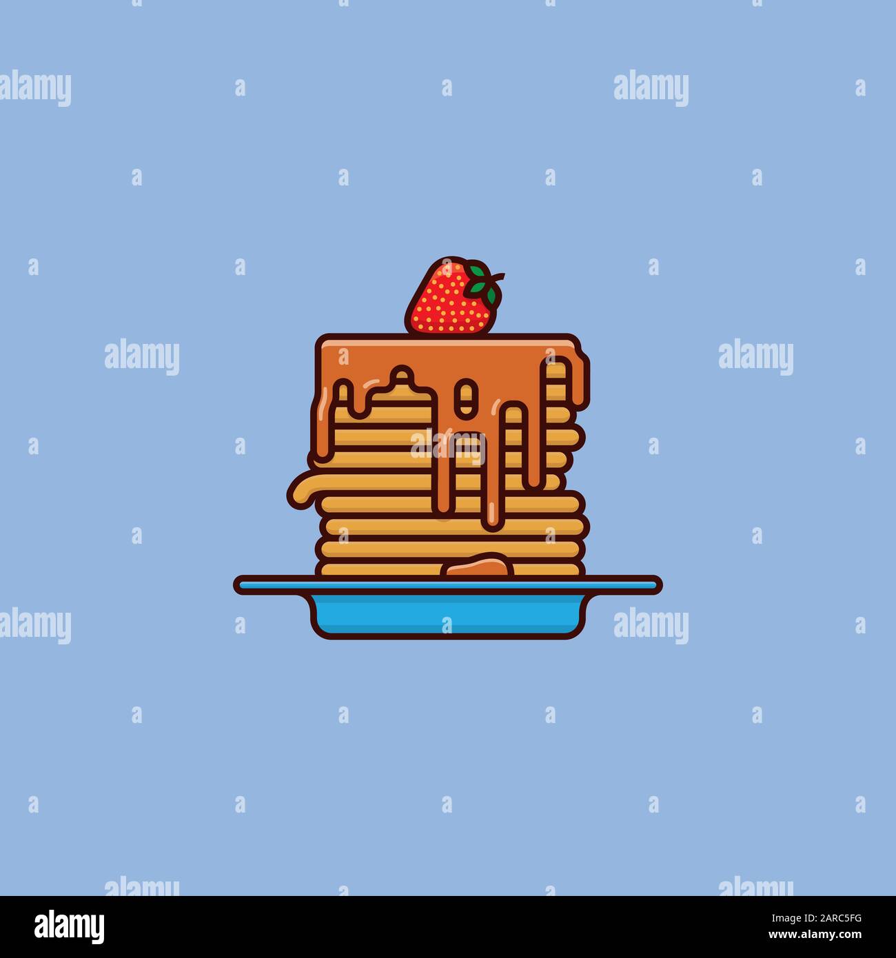 Pfannkuchenstapel mit Sirup und Erdbeer auf der Oberseite Vektorgrafiken für den Pancake Day. Süßes Essen und Shrove Tuesday Farbsymbol. Stock Vektor