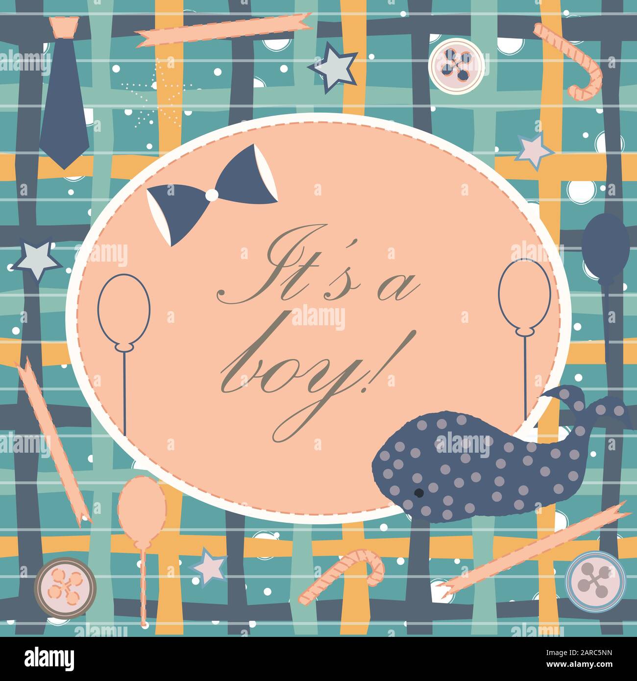 Baby Geburt Ansage. Baby-dusche-Einladung Karte. Cute Wal kündigt die Ankunft des Jungen. Card Design auf Teal Hintergrund mit Bändern, Riegel, b Stock Vektor