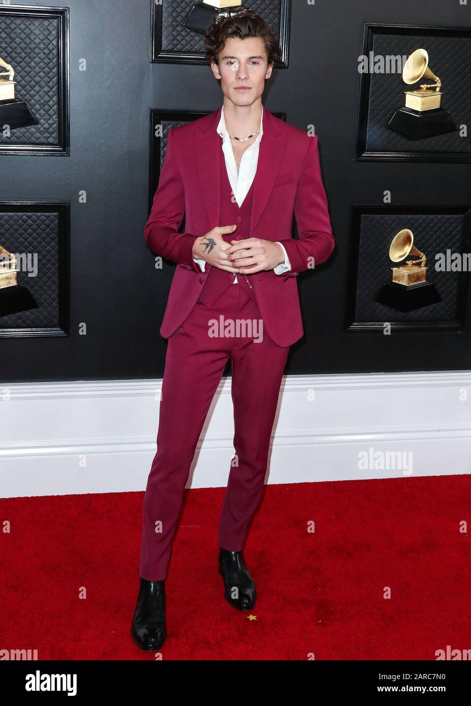 Los Angeles, Vereinigte Staaten. Januar 2020. Los ANGELES, KALIFORNIEN, USA  - 26. JANUAR: Sänger Shawn Mendes, der einen Louis Vuitton Anzug und  Bvlgari Schmuck trägt, kommt zu den 62. GRAMMY Awards, die