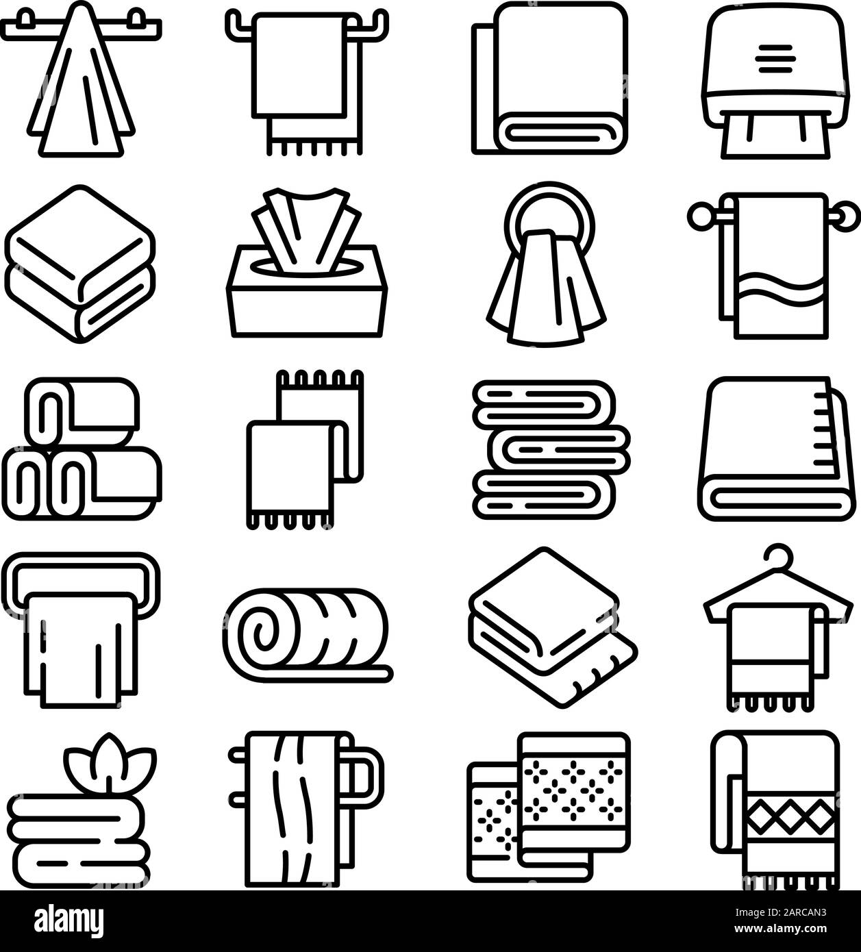 Handtuchsymbole gesetzt. Umrisse mit Handtuchvektor-Symbolen für Webdesign, isoliert auf weißem Hintergrund Stock Vektor