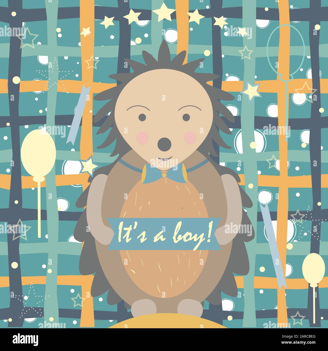 Baby Geburt Ansage. Baby-dusche-Einladung Karte. Süße Igel verkündet die Ankunft eines Jungen. Card Design mit der Meldung. Blauer Hintergrund Stock Vektor