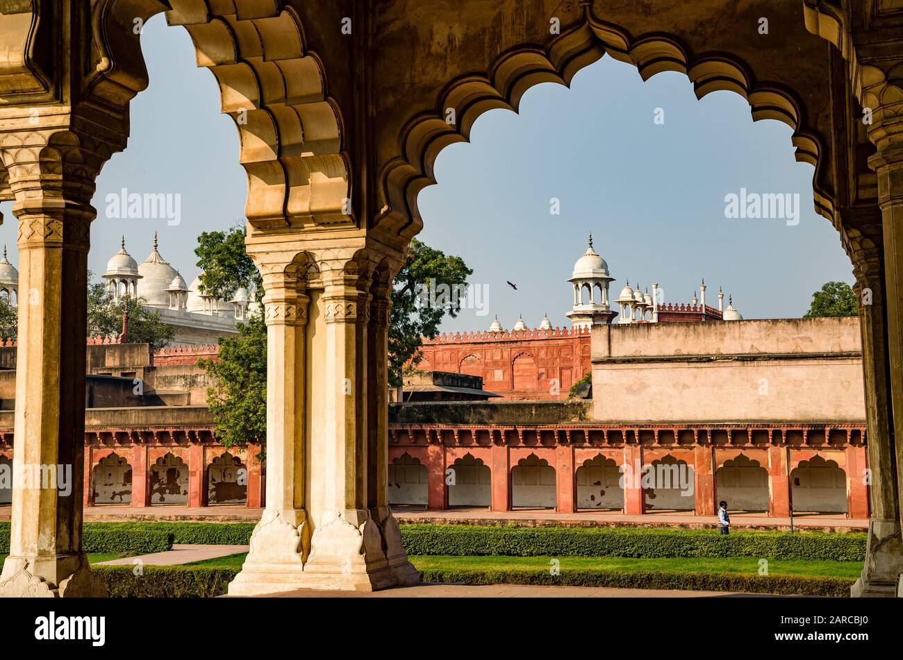Details zu Agra Fort, Moti Mahal in der Ferne Stockfoto