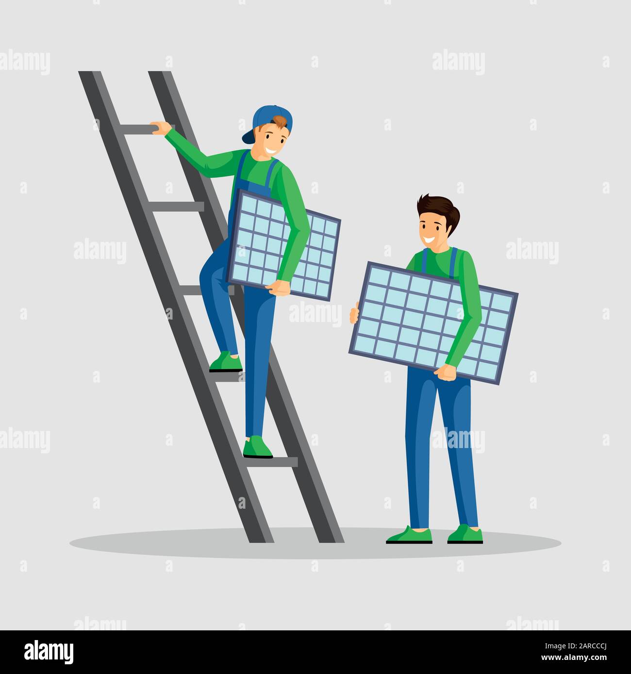 Arbeiter, die Solarpaneele installieren, flache Abbildung. Spezialisten setzen Fotovoltaik-Modul, Ingenieur kletternde Leiter Cartoon-Charakter. Nutzung alternativer Energien, erneuerbarer Energien und nachhaltiger Lebensgewohnheiten Stock Vektor