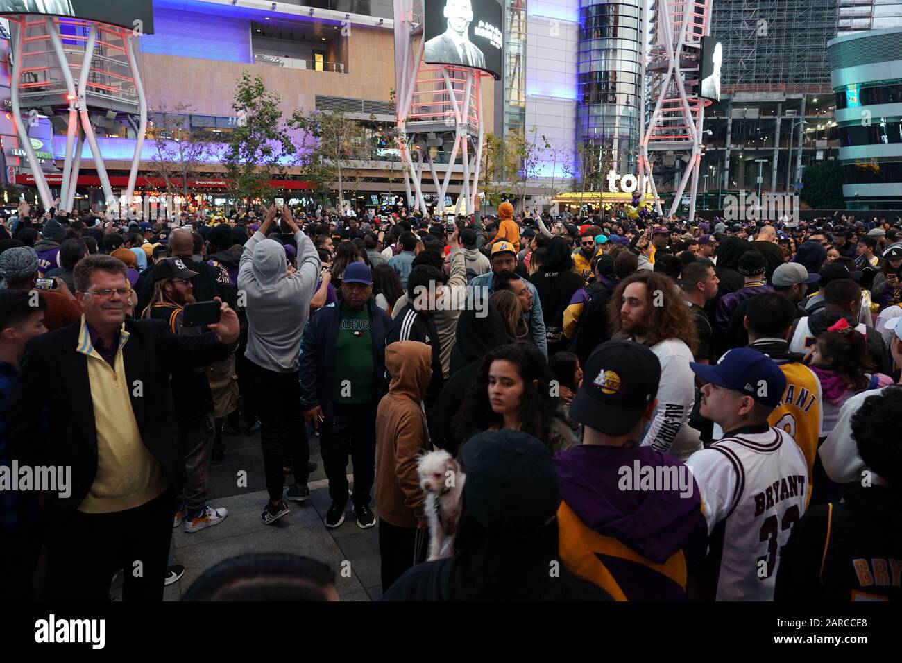 Los Angeles, Ca. Januar 2020. Fans versammeln sich im Staples Center nach den Nachrichten über Kobe Bryants Tod am 26. Januar 2020 in Los Angeles, Kalifornien. Kredit: Tony Forte/Media Punch/Alamy Live News Stockfoto