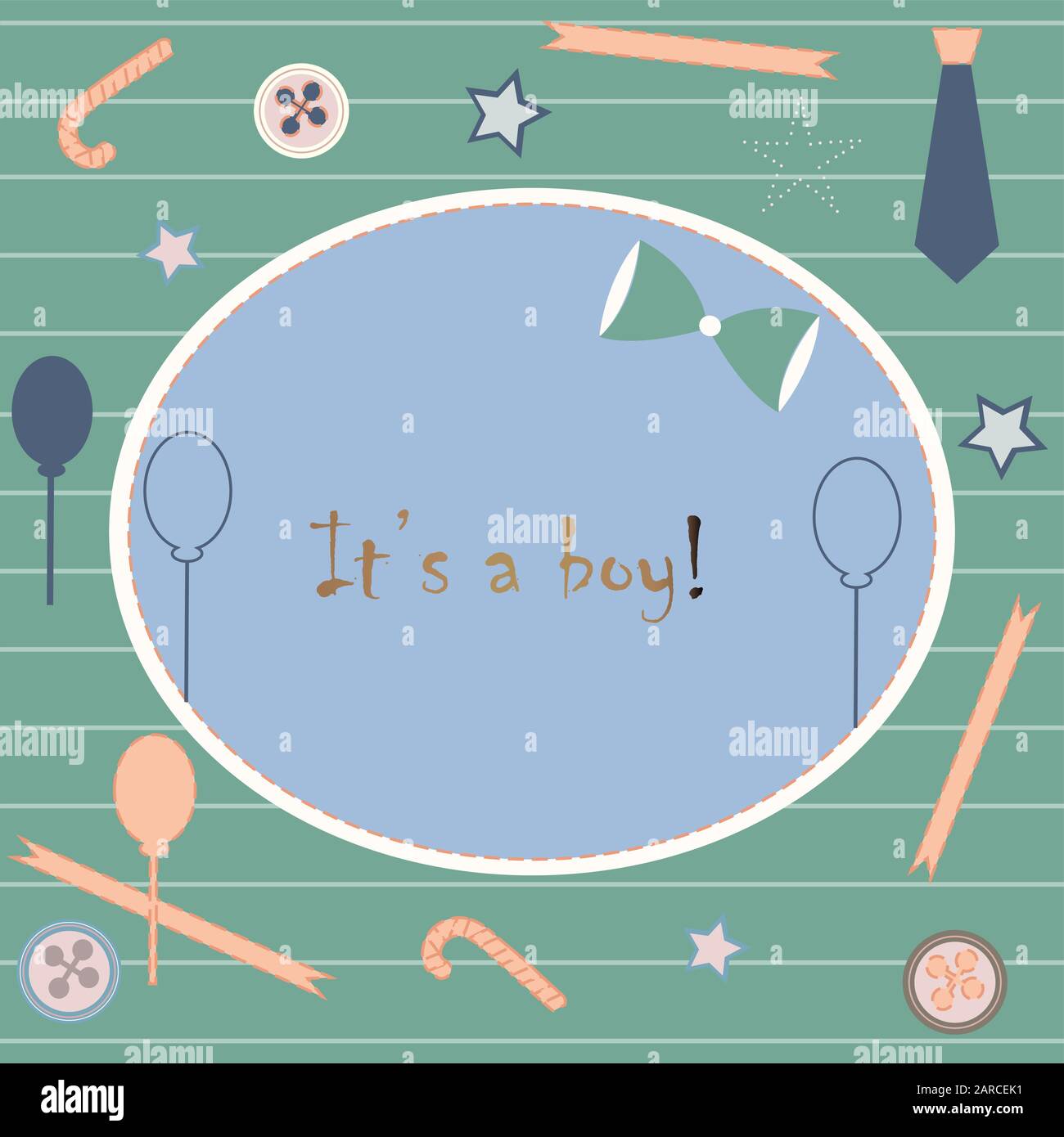 Baby Geburt Ansage. Baby-dusche-Einladung Karte. Cute Wal kündigt die Ankunft des Jungen. Card Design auf Teal Hintergrund mit Bändern, Riegel, b Stock Vektor