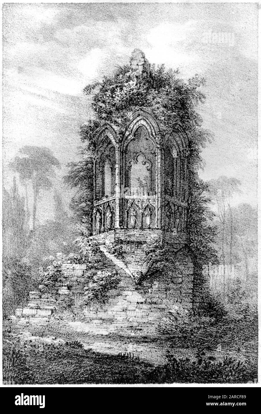 Ein Lithograph von St Winifreds Pulpit, Abbey Garden, Shrewsbury, gescannte in hoher Auflösung. Aus einem Buch, das im Jahr 1824 gedruckt wurde. Ich glaube, dass das Urheberrecht frei ist. Stockfoto