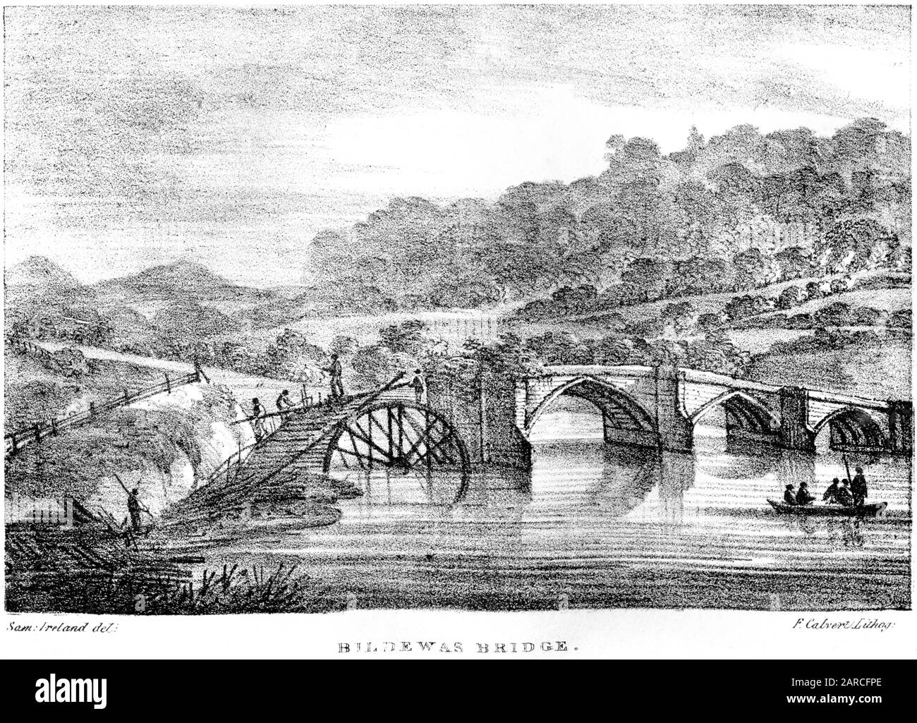 Der in hoher Auflösung gescannte lithograph von Bildewas (Buildwas) Bridge aus einem Buch, das im Jahre 1824 gedruckt wurde. Es wird angenommen, dass dieses Bild frei von allen Urheberrechten ist. Stockfoto