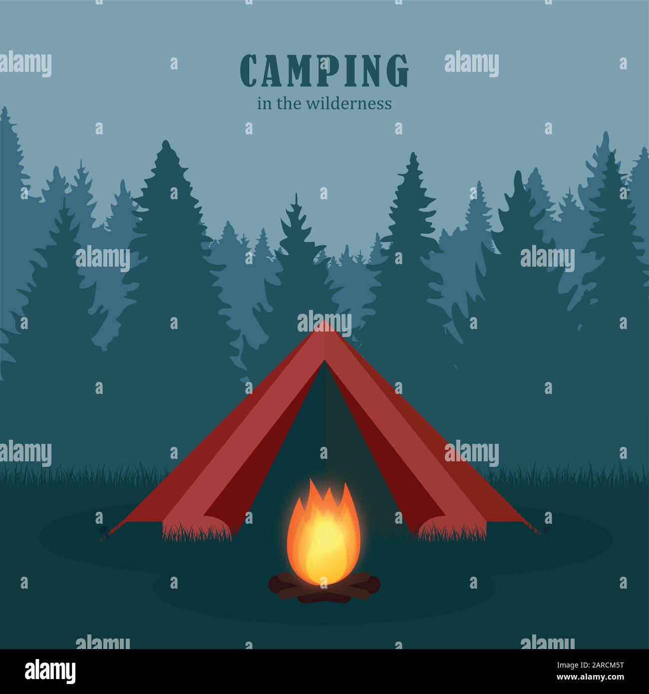 Camping in der Wildnis rote Zelt im Wald mit Lagerfeuer Vektor-illustration EPS 10. Stock Vektor