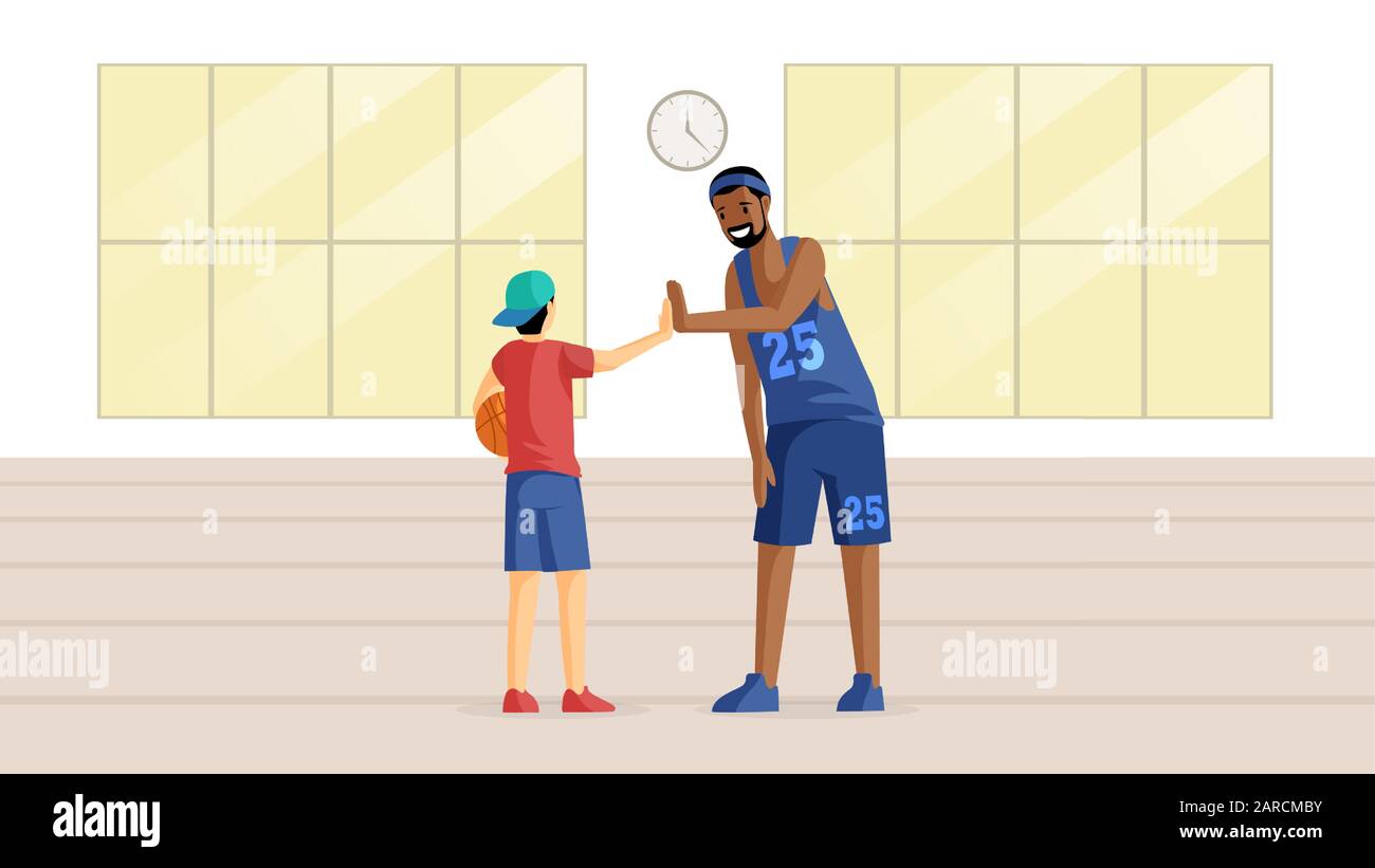 Basketballer in Halle - Vektor-Illustration. Teamspiel, Training, Sportwettkampfvorbereitung, Hobby, aktive Freizeit. Trainer und kleiner Basketballspieler mit Figuren aus dem Zeichentrickball Stock Vektor