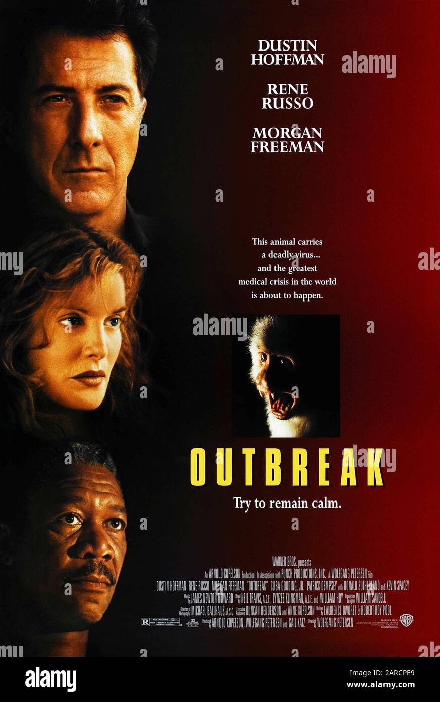 Outbreak (1995) unter der Regie von Wolfgang Petersen und mit Dustin Hoffman, Rene Russo, Morgan Freeman und Kevin Spacey in den Hauptrollen. Ein tödliches Virus aus Afrika bricht in Kalifornien aus und beginnt sich zu verbreiten. Stockfoto