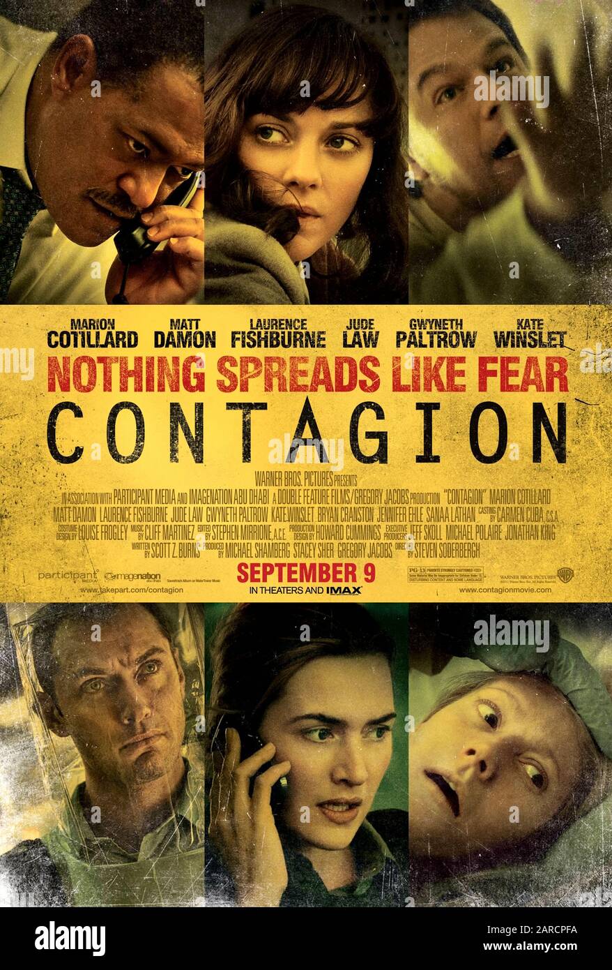 Contagion (2011) unter der Regie von Steven Soderbergh und mit Matt Damon, Kate Winslet, Jude Law, Laurence Fishburne, Josie Ho und Gwyneth Paltrow in den Hauptrollen. All-Star in diesem Katastrophenfilm über ein tödliches Virus, das eine weltweite Epidemie verursacht. Stockfoto
