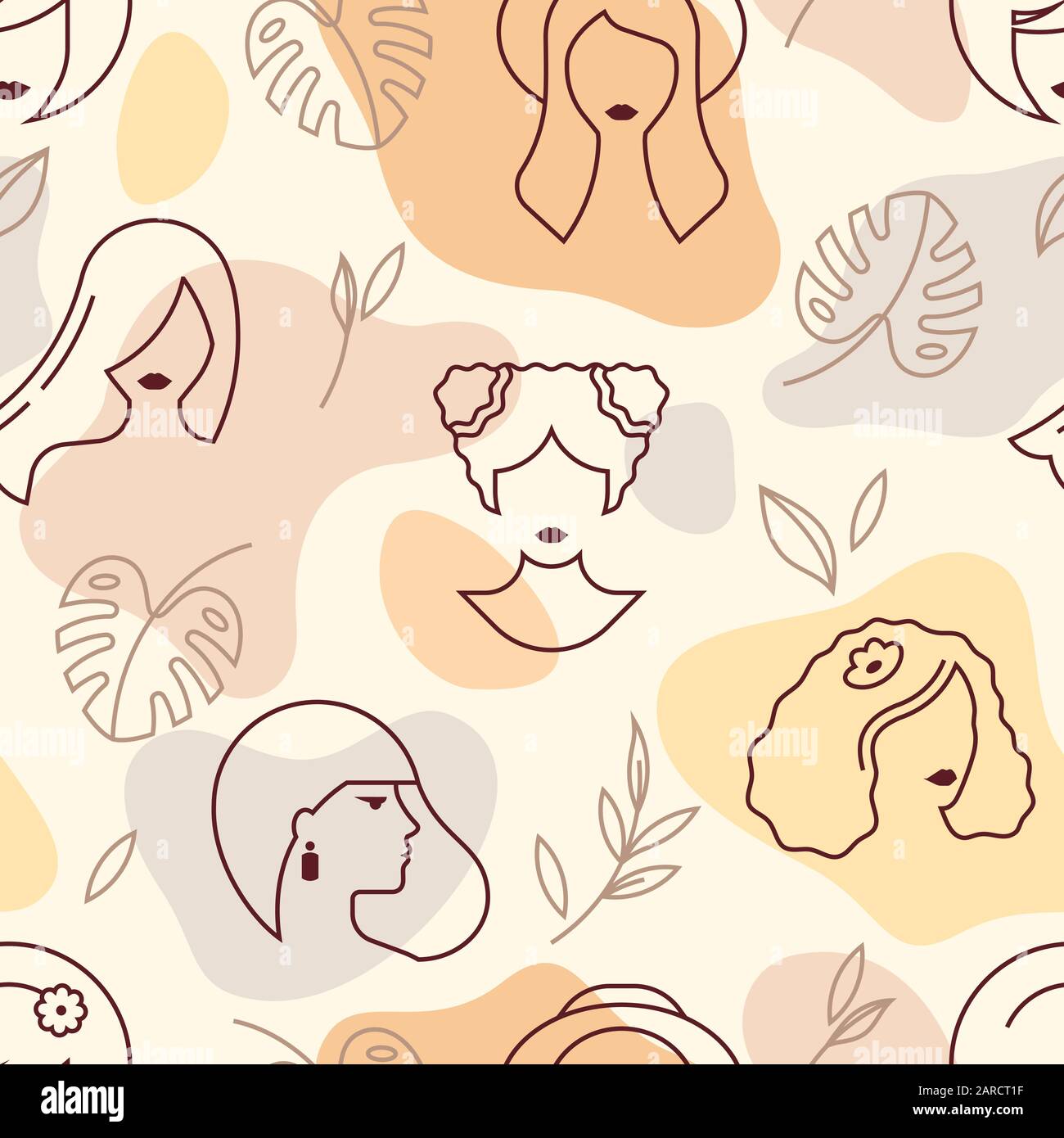 Vector Pattern mit den Gesichtern der Mädchen und Blätter von Pflanzen in verschiedenen Farben. Stock Vektor