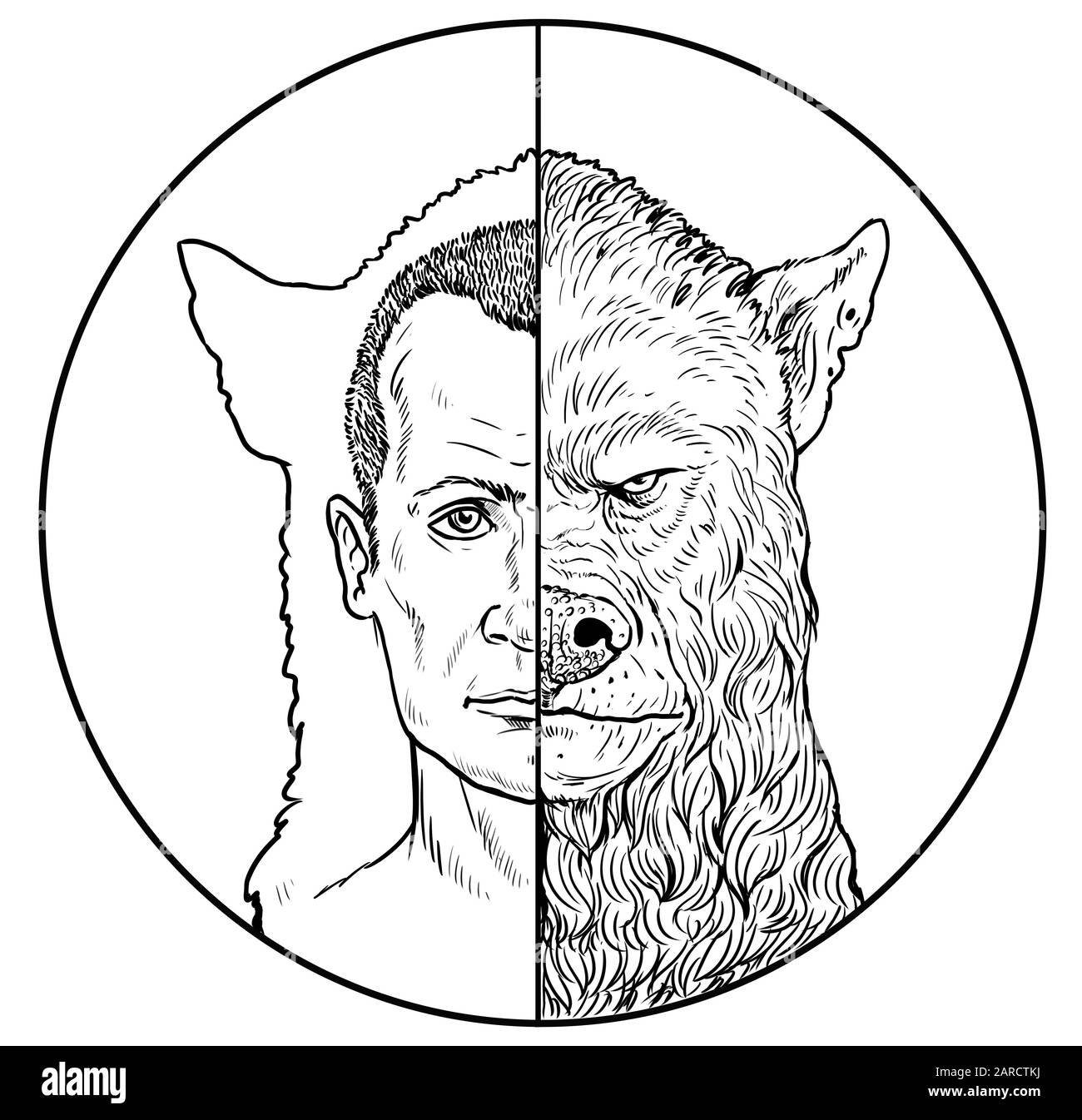 Der Mensch verwandelt sich in einen Werwolf. Zwei Seiten der Seele. Darstellung der Monster-Silhouette. Stockfoto