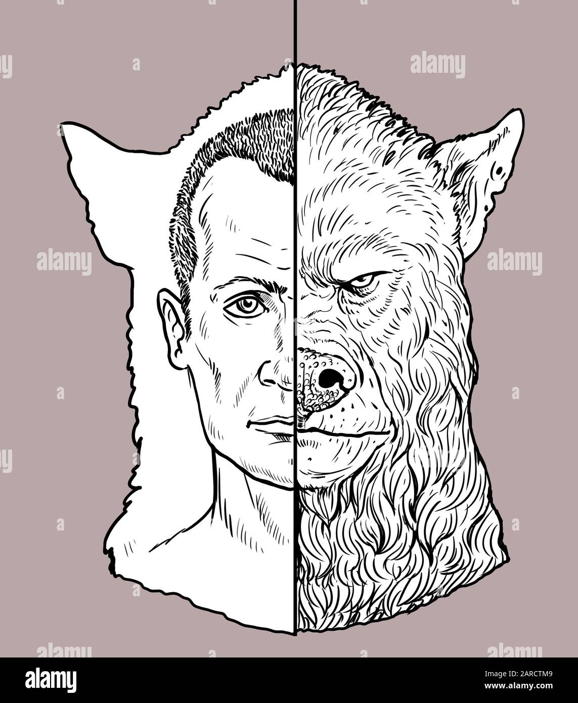 Der Mensch verwandelt sich in einen Werwolf. Zwei Seiten der Seele. Darstellung der Monster-Silhouette. Stockfoto