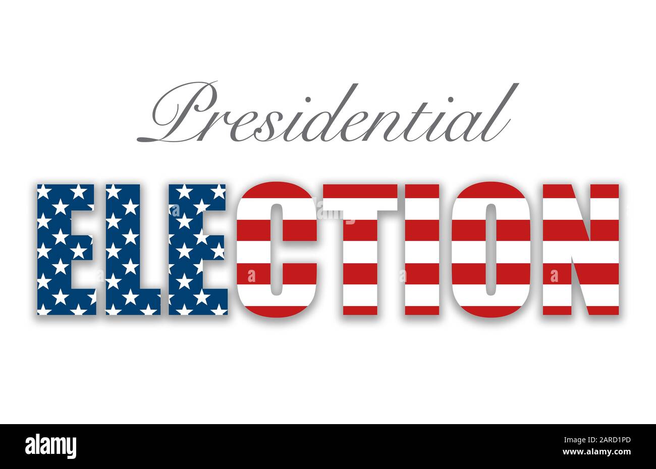 Die WORTWAHL mit US-Flagge und Sternen und Streifen in den Buchstaben und der Text Presidential auf weißem Hintergrund. Stockfoto