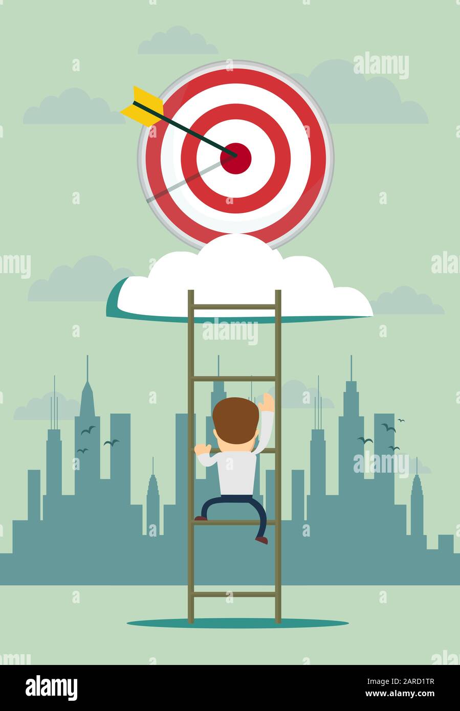 Treppe zum Ziel. Geschäftskonzept. Vektor-Abbildung flaches Design. Isoliert im Hintergrund. Erreichen des Ziels. Leiterwand. Strategie zum Zielen. Stock Vektor