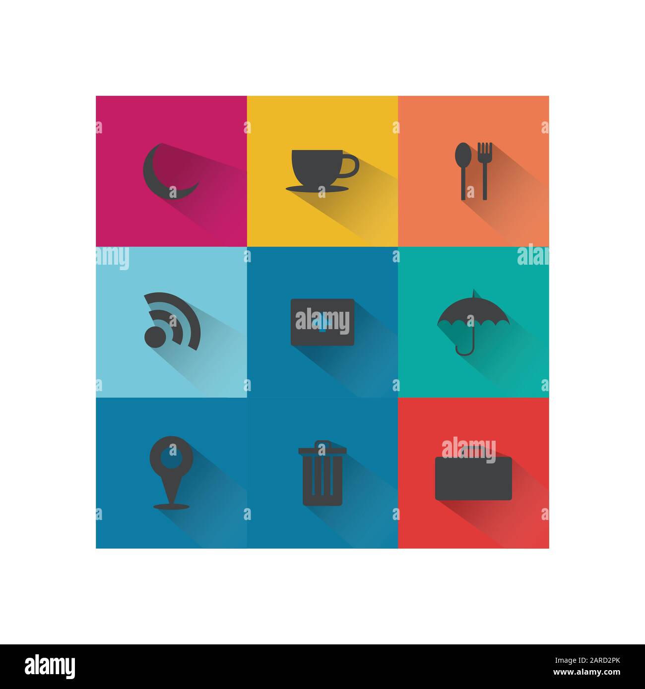 Set mit Websymbolen in modernem Design mit flachem, langem Schatten. Webelemente Symbole Vektor-Design-Bild Stock Vektor