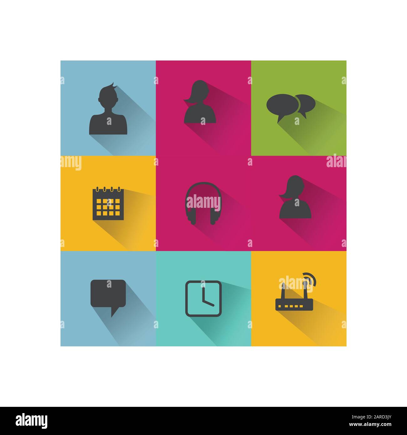 Set mit Websymbolen in modernem Design mit flachem, langem Schatten. Webelemente Symbole Vektor-Design-Bild Stock Vektor