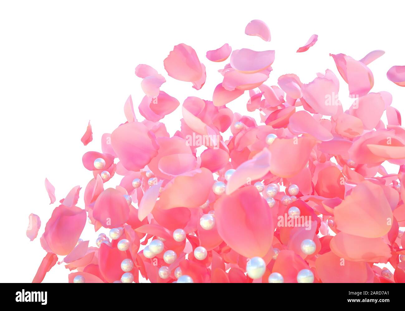 Hintergrundtextur der schönen zarten, leuchtenden rosafarbenen Rosenblätter und weißen glänzenden Perlen in einem zufälligen Haufen. Explosion frischer Rosenblätter und Perlen Stockfoto