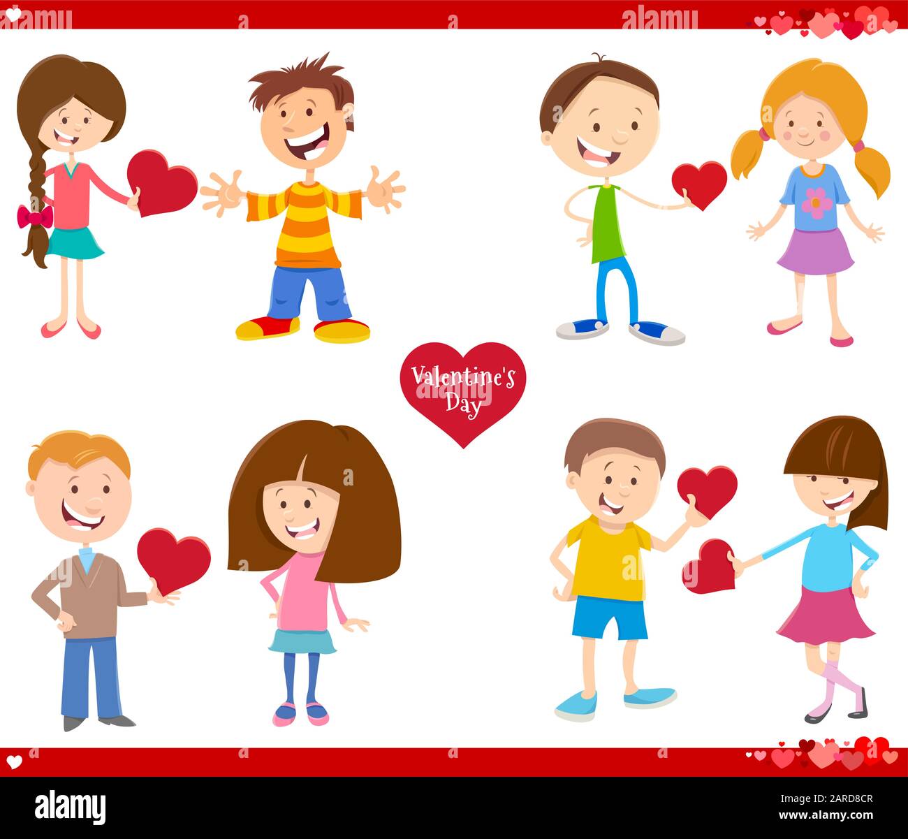 Grußkarte Cartoon Illustration mit Mädchen und Jungen Paar verliebt mit Herz am Valentinstag Stock Vektor