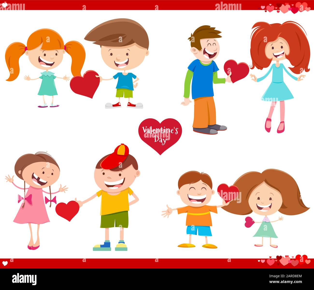 Grußkarte Cartoon Illustration mit Mädchen und Jungen in Liebe zum Herzen am Valentinstag Stock Vektor